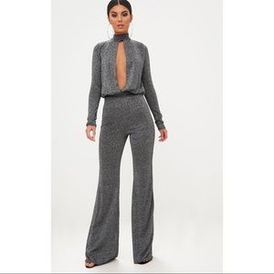 Grey Silver Metallic Keyhole Cut Out Jumpsuit
